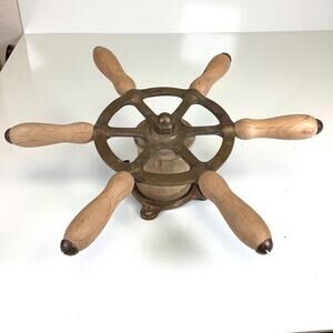 Vtg 12” Boat Ship Captains Steering Wheel Nautical Brass Wood Maritime + Mount